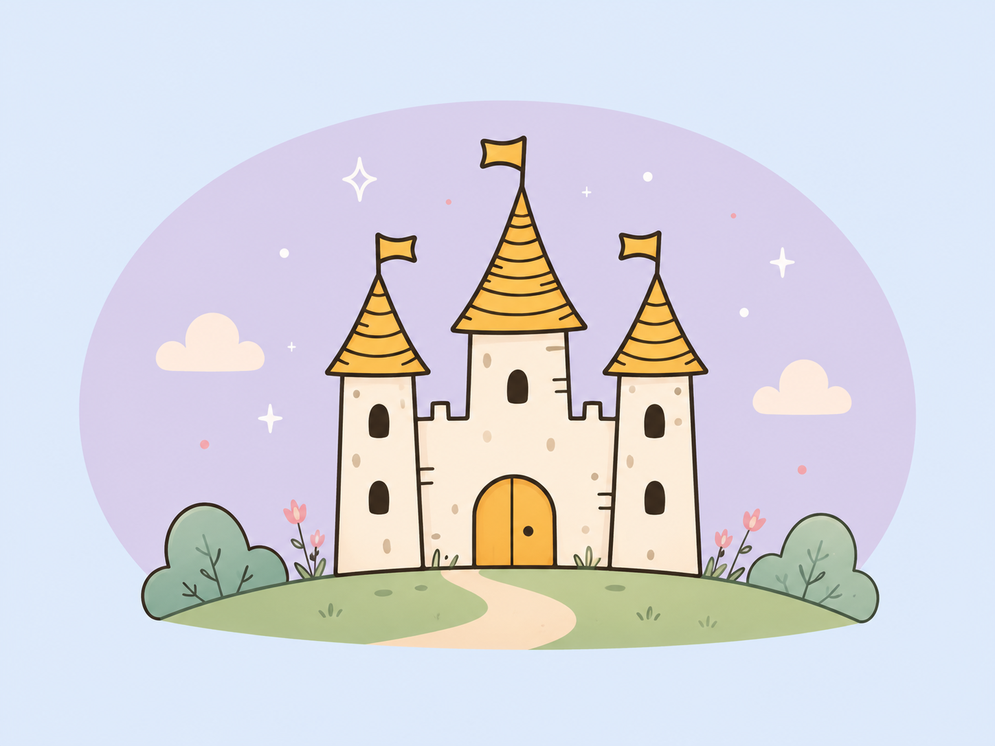 Illustratie van een sprookjeskasteeltje op een groene heuvel — KDV Sprookjespaleis